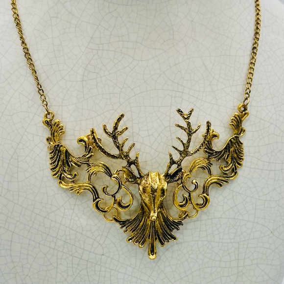 Stag of the Woods Deer Gold Tone statement necklace - Picture 2 of 13